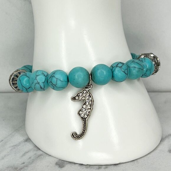 Faux Turquoise Beaded Rhinestone Seahorse Charm Stretch Bracelet - Picture 1 of 8